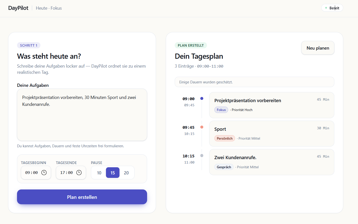 DayPilot – Tagesplan Beispiel